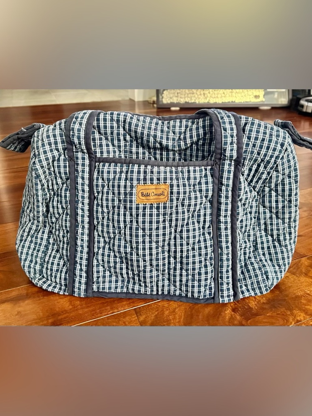 Bébé Coccoli Navy and White Quilted Plaid Duffel / Quilted diaper bag
